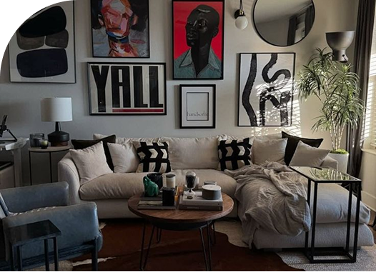 Stylish living room with gallery wall